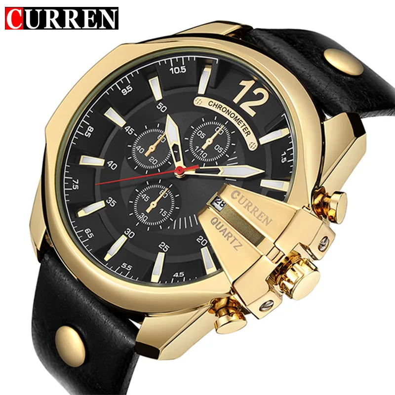 Mens Watches Top Brand Luxury Gold Leather Quartz Watch Men Curren Casual Male Wrist Watch Military Relogio Masculino Dropship