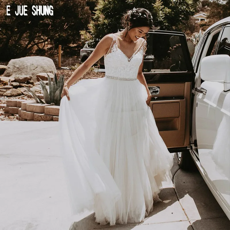 

E JUE SHUNG Elegant Boho Wedding Dresses V Neck Open Back New Top Appliques Beaded Sashes Robe De Mariee Tulle Wedding Gowns