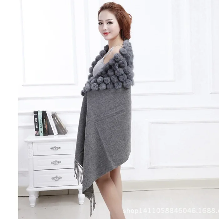 20 Colors Triangle Real Rabbit Fur Ball Shawl Wraps Winter Women Cashmere Tassel Cape Pompon Cloak Lady Mum Gift Casaco Feminino