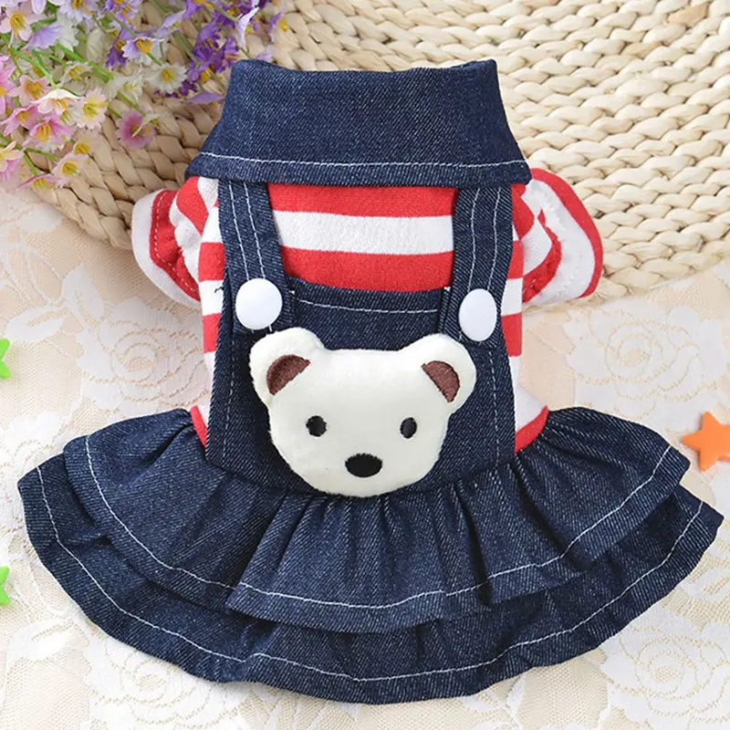 Spring Summer Pet Dog Clothes Striped Bear Cute Cat Strap Denim Skirt Yorkie Chihuahua Dresses Clothes Ropa Perro