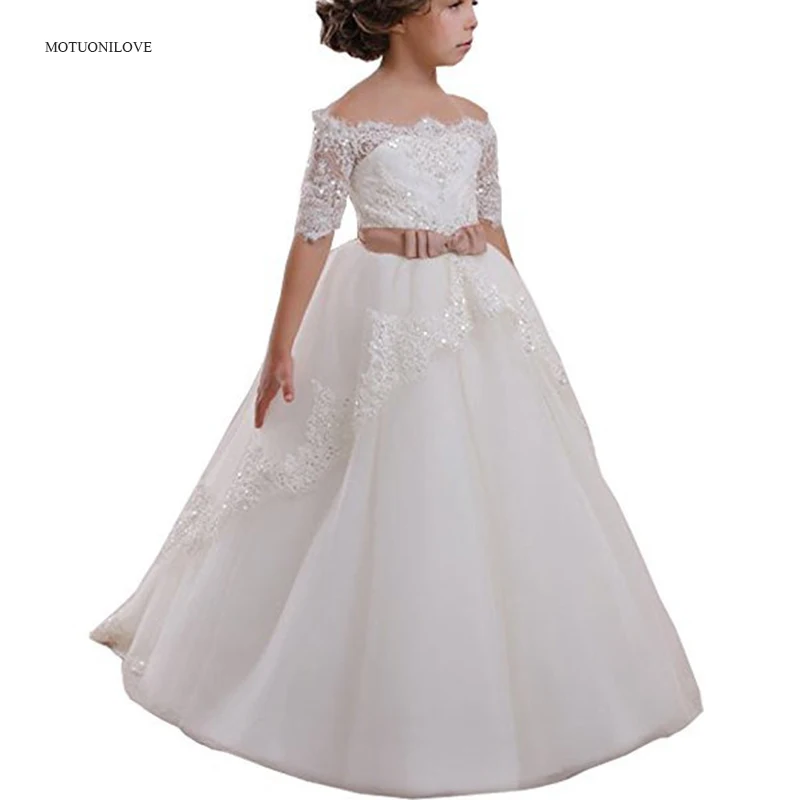 Boat Neck Half Sleeves Lace Sequined Little Bride Wedding Holy Dress Bow Tie Belt Flower Girl Dresses Prom Vestidos for Girls