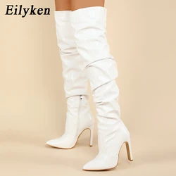 Eilyken-Cuissardes Plissées pour Femme, Chaussures à Talons Carrés, Blanches, Noires, Brunes, à la Mode