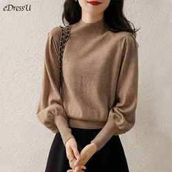 Women Elegant Sweater Mock Neck Cashmere High Quality 2023 Autumn Jumper Lantern Sleeves Pullover Office Lady Knitwear GGJ-00