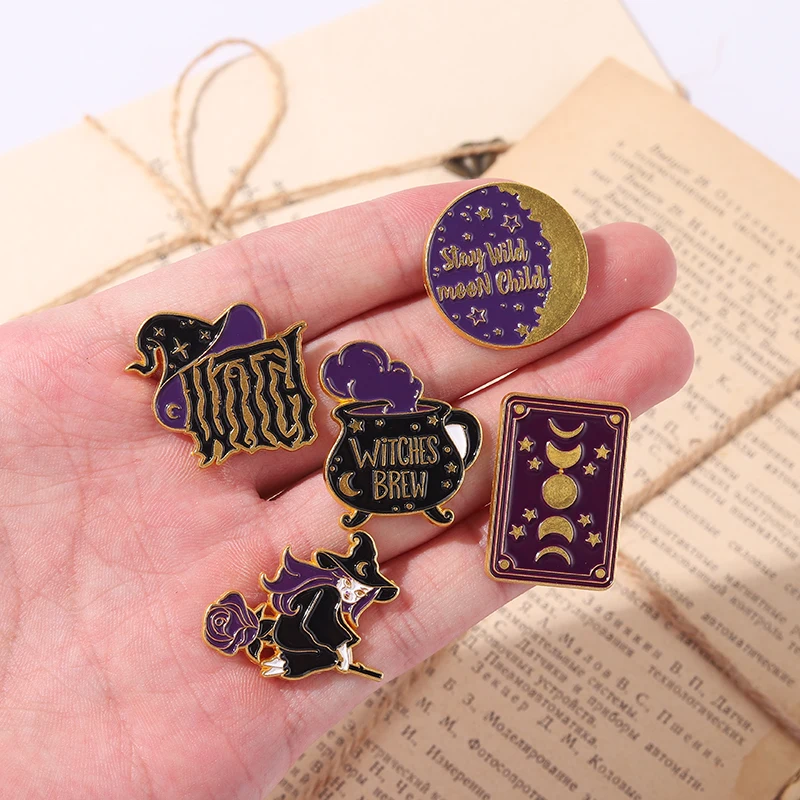 Halloween Witch Enamel Pins Magic Book Card Brew Punk Custom Brooches For Women Lapel Pins Accessories Backpack Gift for Friend