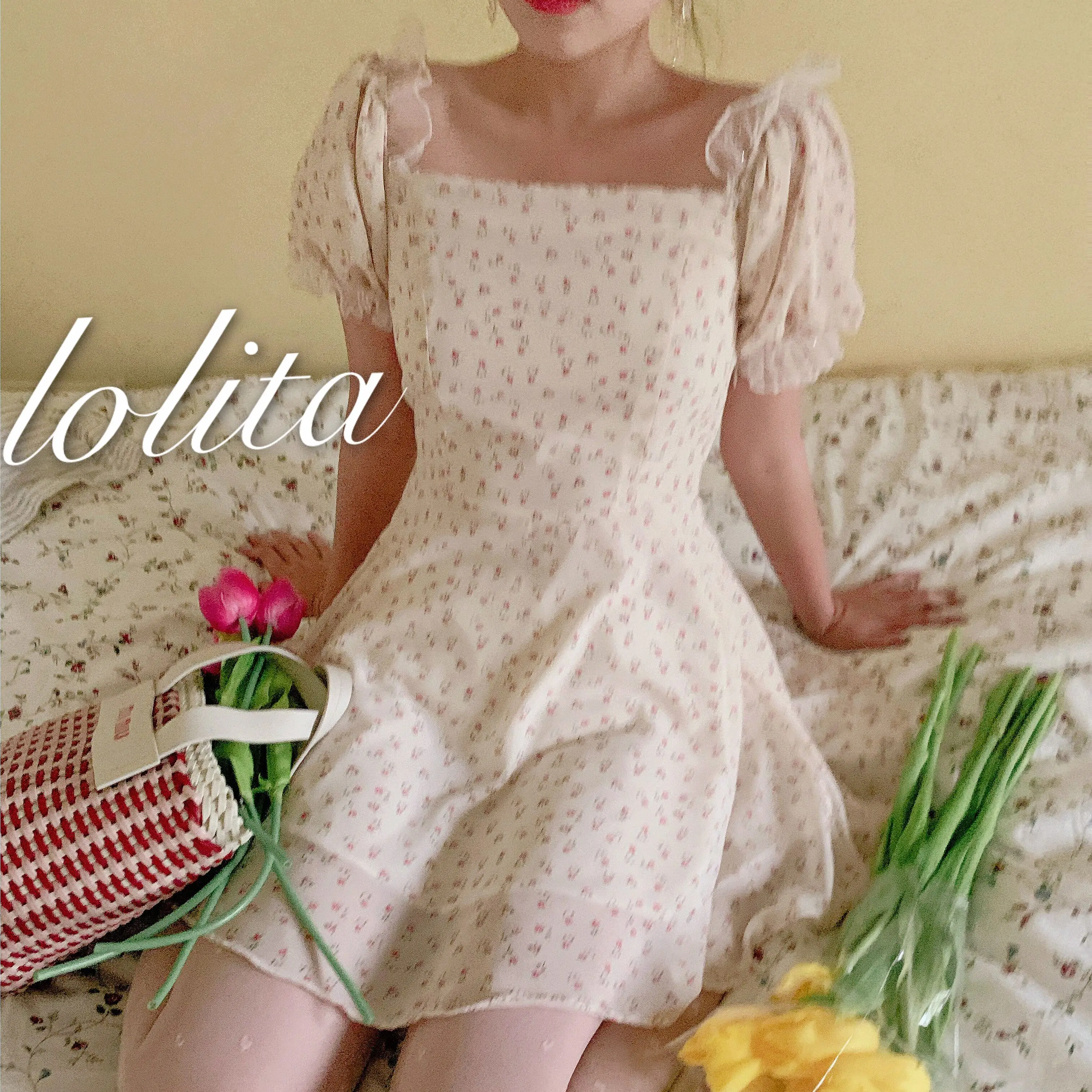 Lolita Cô Gái Hoa Ngọt Ngào Đầm Mori Tươi Cổ Vuông Phối Tay Phồng Đầm Falbala Cao Cấp Victoria Đầm Kawaii Cô Gái Gothic