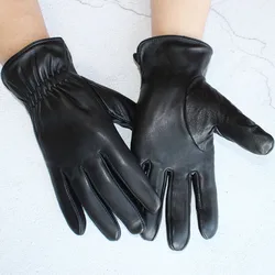 New men's sheepskin gloves fashion leather velvet lining autumn and winter warmth snap button elastic black gloves