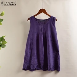 ZANZEA  Women Blouse Summer Sleeveless Tanks Tops Hollow Out Shirt Female Solid Cotton Linen Blusas Vintage Embroidery Tops