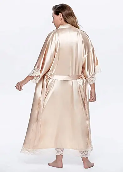 Womens Nightdress Sexy Long LaceLingerie Bath Robe Gown Imitation Ice Silk Nightdress Solid Color Nightgown Nightwear