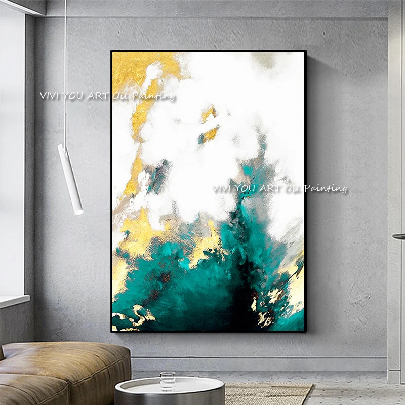 100% Hand Painted Teal Gold Abstract Oil Painting, Palette Knife Gold Foil Impasto Textured Vertical Canvas Wall Art