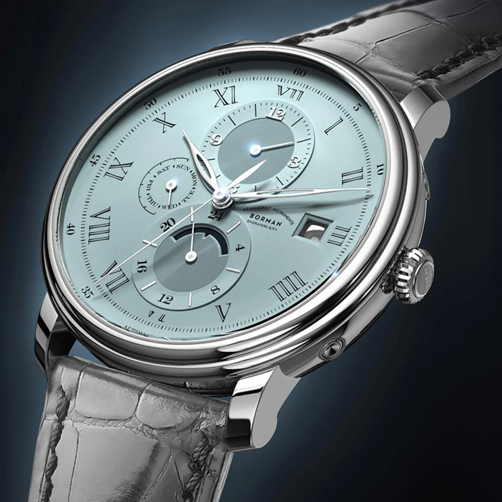 ساعات رسمية للرجال، ساعة يد أوتوماتيكية للرجال من بورمان ساعة يد ميكانيكية فاخرة للرجال مقاومة للماء بحزام جلدي سويسرا