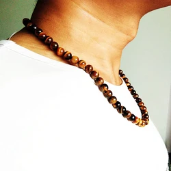 Fashion Vintage Beaded Choker Necklace for Men 8mm Natural Tiger Eye Stone Beads Collares Chain Strand Necklace Yoga Jewelry