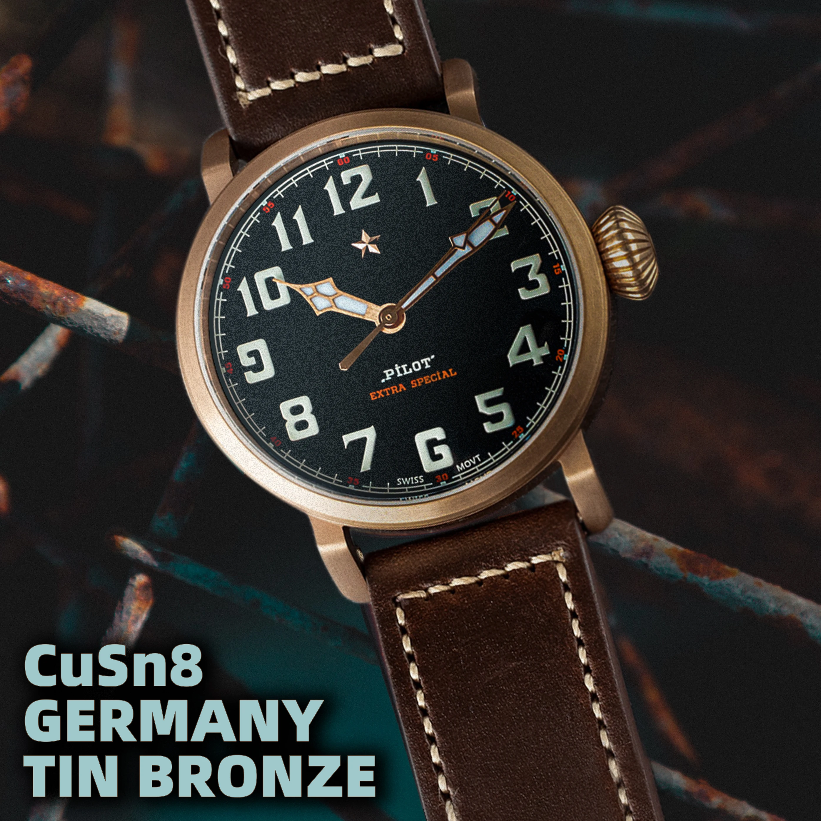 SUGESS Luxury Watch ETA2824 Automatic Movement CuSn8 Bronze 42mm Case Sapphire Crystal Swiss BGW9 Luminous Horween Leather Strap