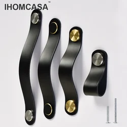 IHOMCASA Black Leather Furniture Handles Wardrobe Drawer Door Pull For Cupboard Gold Brass Shoe Cabinet Knobs Kitchen Hardware