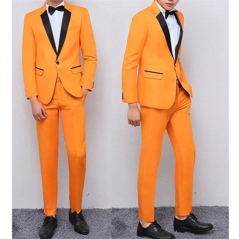 Traje de dos piezas para hombre, chaqueta y pantalón con solapa de pico naranja brillante, traje de boda a la medida, esmoquin ajustado a la moda para novio