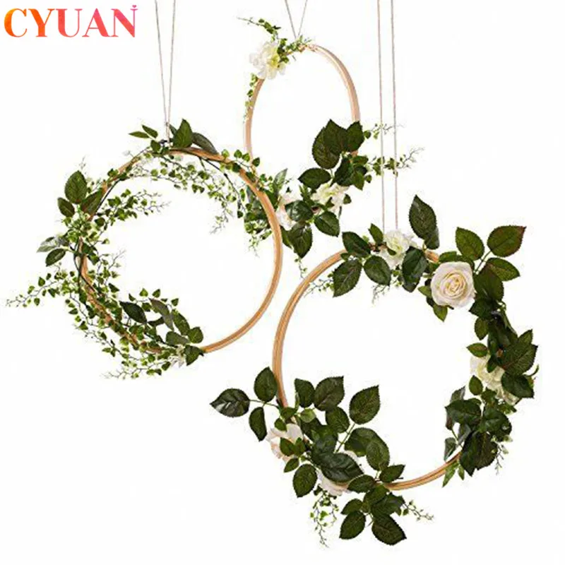 10-29cm Bamboo Ring Artificial Rose Flower Portable Garland Rustic Wedding Church Decor Hanging Wreath Hoop Home Decorations