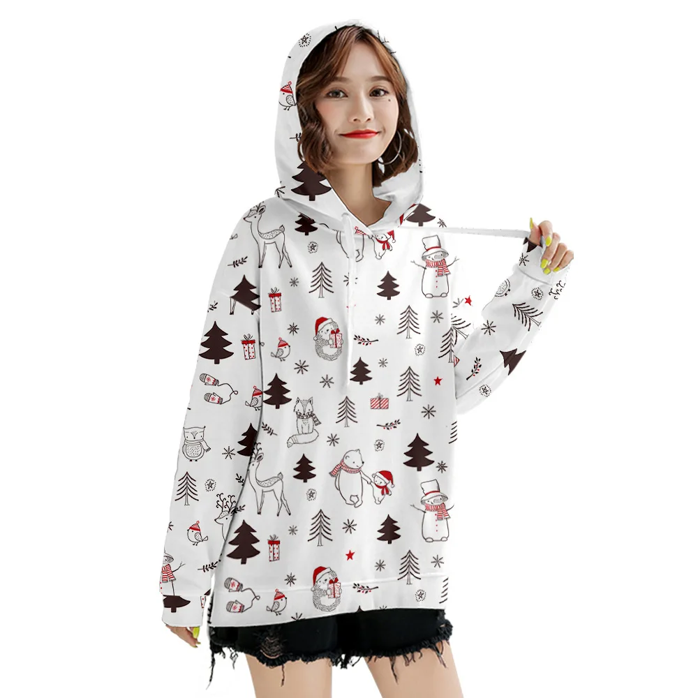 

2021 Funny Christmas Print Hoodie For Women Long Loose Sleeve Clothes kawaii Female Fashion Hoodies Cute Snowman Pullover