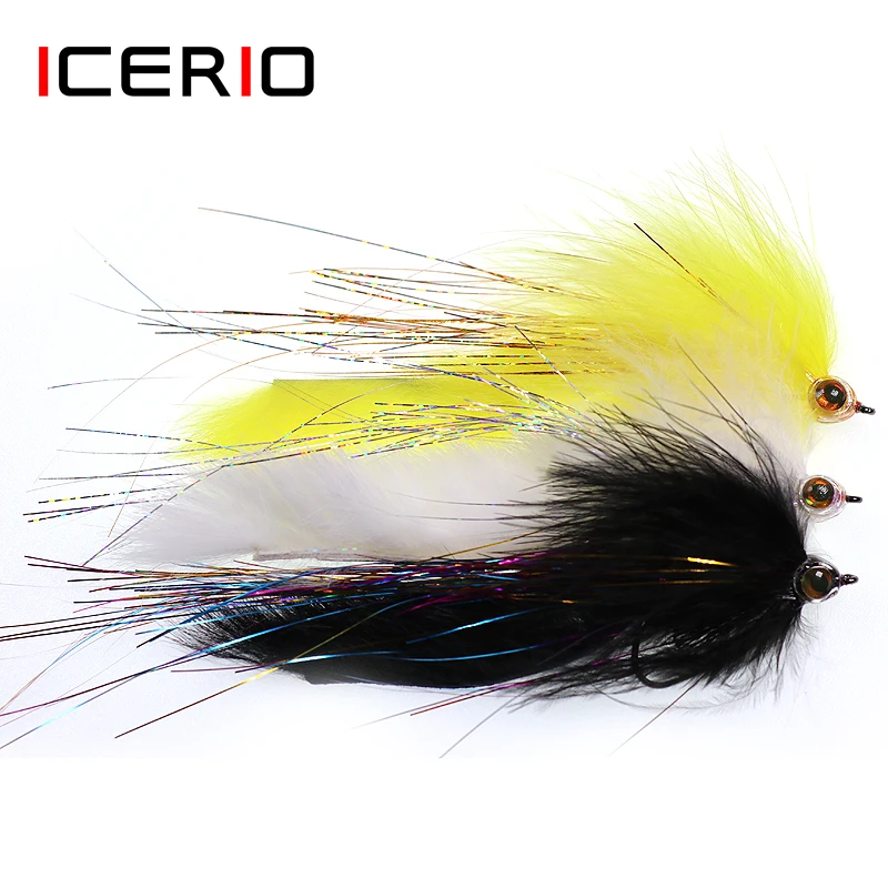 ICERIO 3PCS Saltwater Fishing Bunny Tail Streamer Pike Musky Steelhead Fly Bass Sea Trout Fishing Fly Lure 2/0