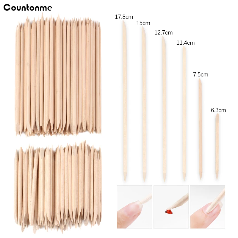 Orange Wood Sticks For Cuticle Pusher 7 Different Sizes Cuticle Remover Forks Rhinestones Picker Manicures Tools 50/100Pcs/Set