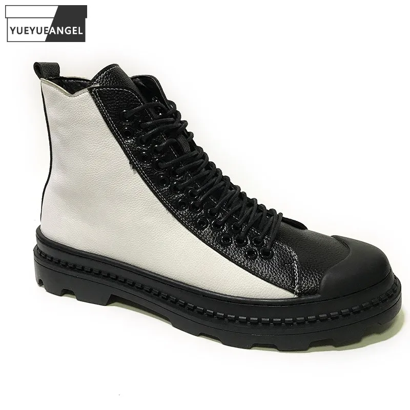 New Genuine Leather High Top Shoes Men Designer Mixed Colors Fashion Casual Sneakers Flat Platform Work Shoes Mens Short Boots