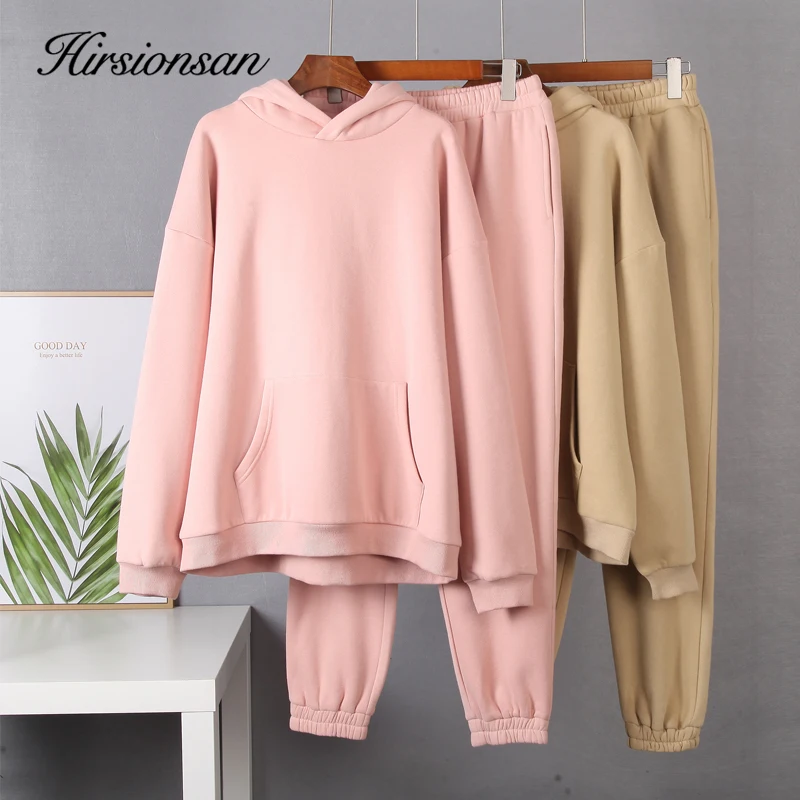 Hirsionsan Soft Cotton Fleece Women Sets Autumn Winter Thicken Warm Hoodie Sweatshirts and Pants Two Piece Sets Ladies Tracksuit