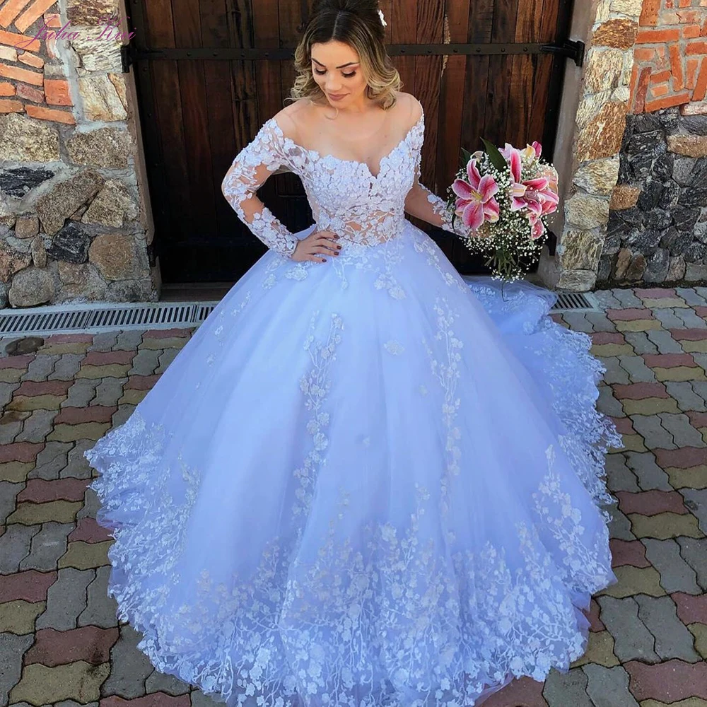 Robe De mariée en dentelle personnalisée, manches longues, avec des Appliques, en Tulle, col rond, Robe De bal, grande taille