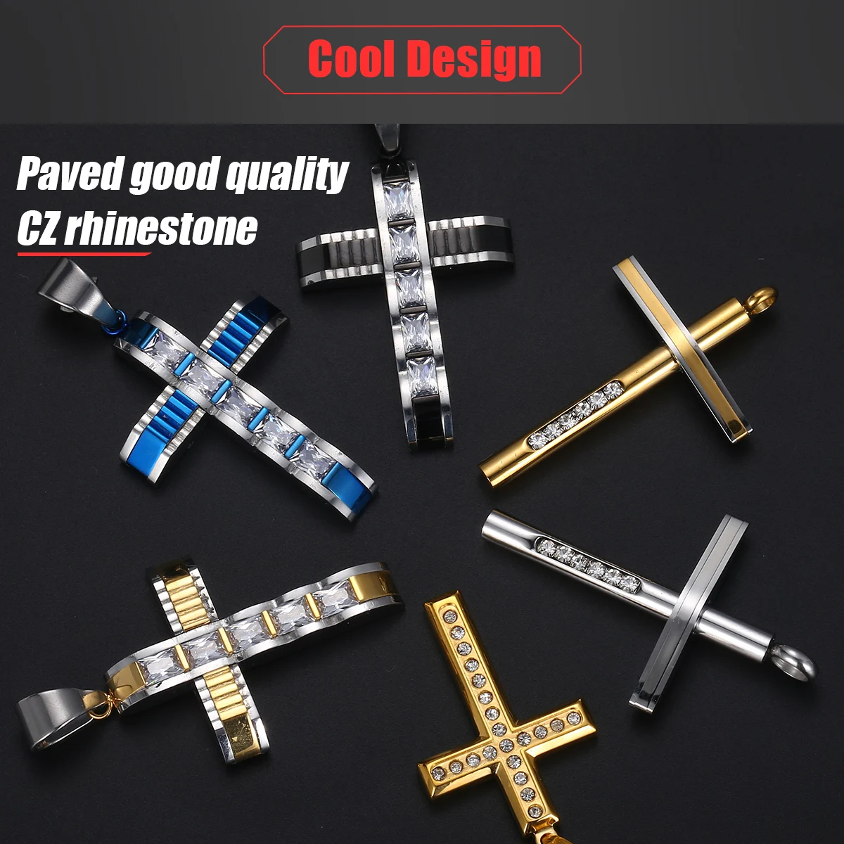 Hip Hop Men\'s Cross Pendant Clear Rhinetones Carved Gold Color Stainless Steel Charms Fashion Punk Gothic Male Jewelry Gifts