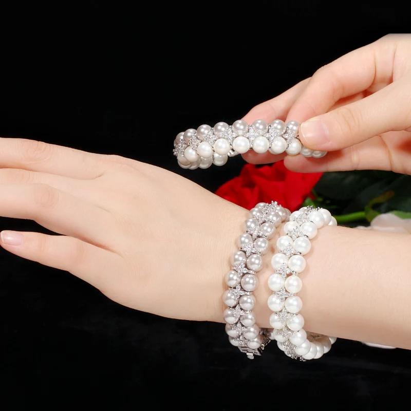 CWWZircons Elegant Fashion Silver Color Big Wide Gray Pearl Bracelets with Cubic Zirconia Women Wedding Party Jewelry Gift CB201