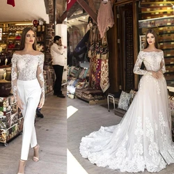 Jumpsuit Wedding Dress with Detachable Skirt customsized Boat Neck Long Sleeves Lace Elopement outdoor bridal dress pant suit