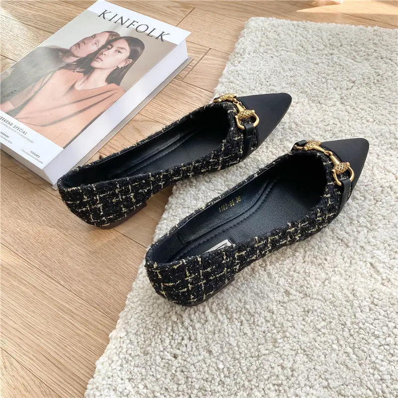 Spring Autumn Korean Version Woolen cloth Pointed Flat Mouth Flat Shoes Women Low Heel Black Single Shoe Women Plus Size 46