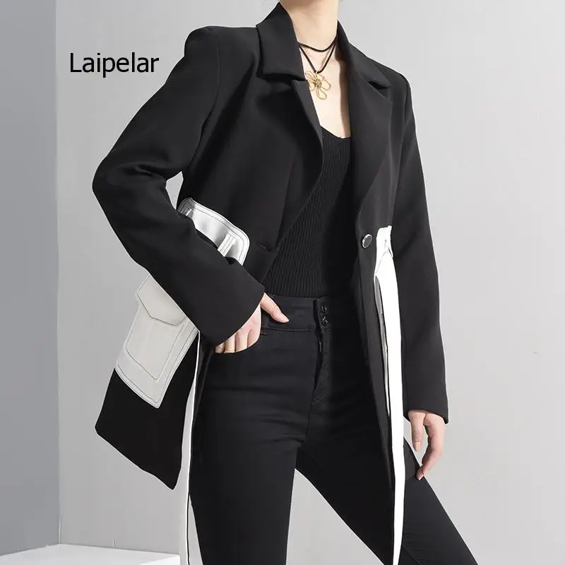 Vrouwen Zwart Contrast Kleur Pocket Blazer Nieuwe Revers Lange Mouwen Loose Fit Jas Mode Tij Lente Herfst 2021