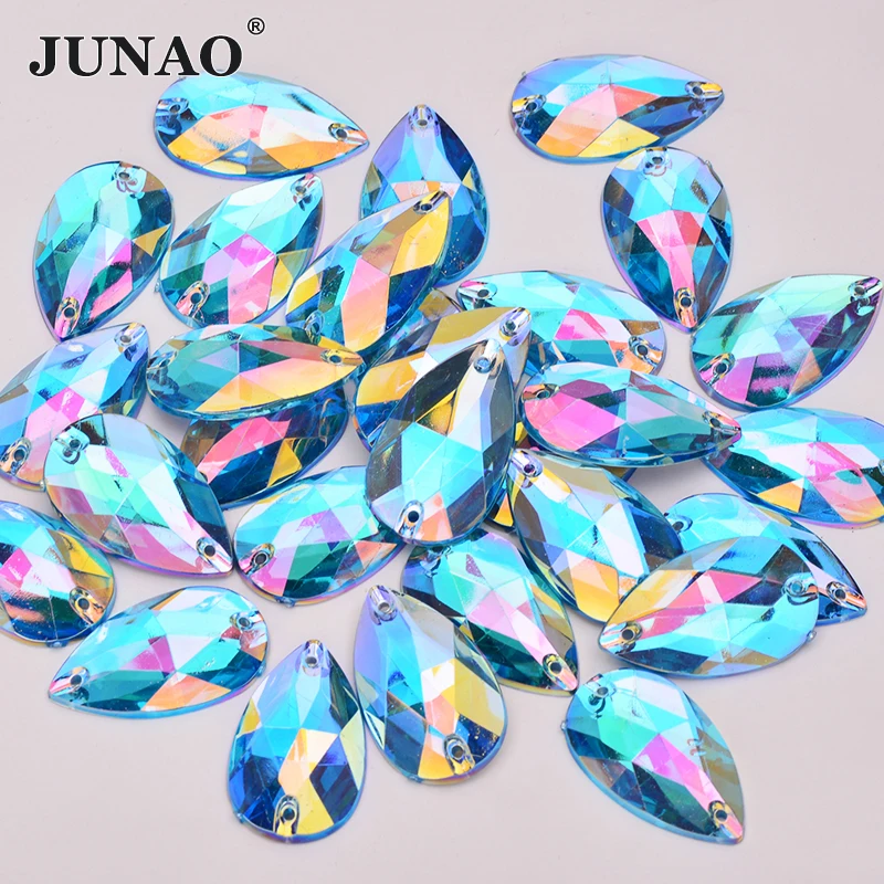 JUNAO 100pc 17x28mm Aquamarine AB Teardrop Sewing Rhinestone Applique Glitter Sew On Acrylic Stone For Wedding Dress