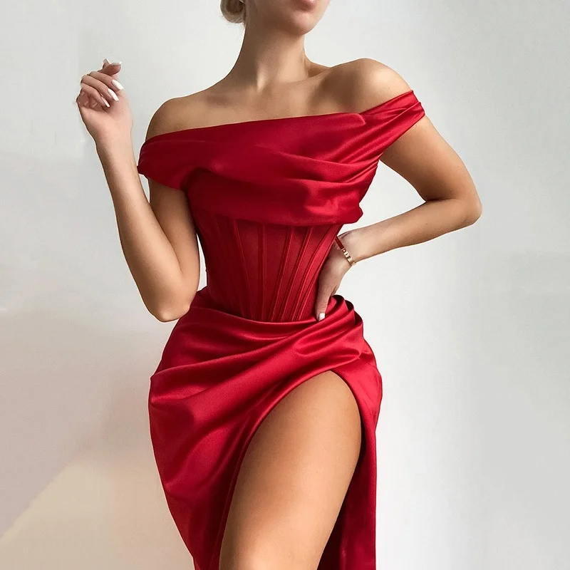 Weihnachten Satin Bodycon Kleid Fee Elegante Frauen Party Kleid 2022 Weihnachten Rot Aus Schulter Sexy Promi Abend Nacht Kleider