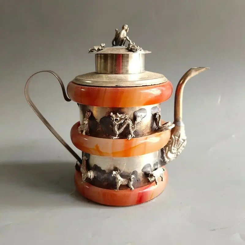 

Old Chinese tibet silver inlay red jade handcarved Zodiac pots wine pot