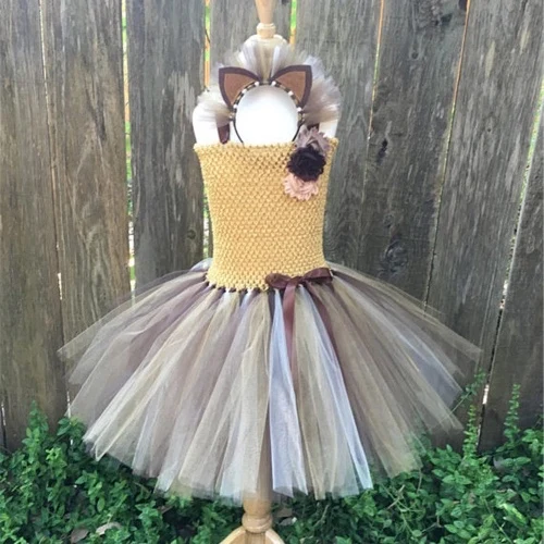 Girls Lion Cartoon Tutu Dress Kids Crochet Tulle Straps Dress with Flower Hairbow Children Birthday Party Costume Cosplay Dress