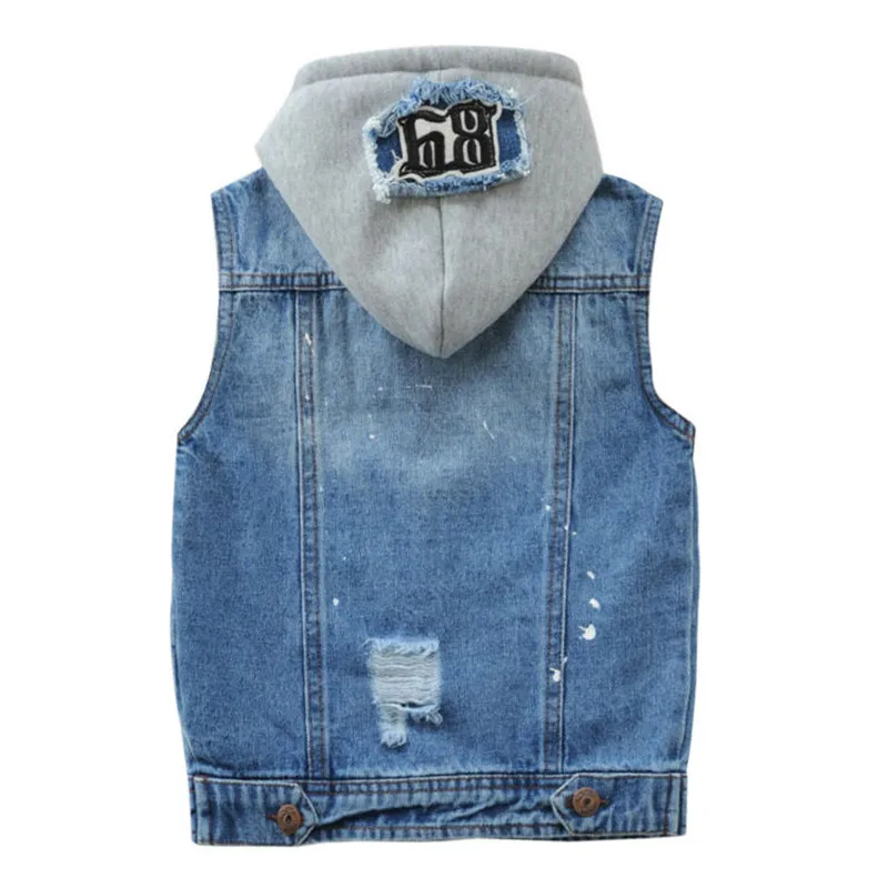 Boys' Denim Coat With Hood Broken Hole Design Kids Sleeveless Waistcoat For Children's Age 2-14 T Jean Vest Jacket LC401