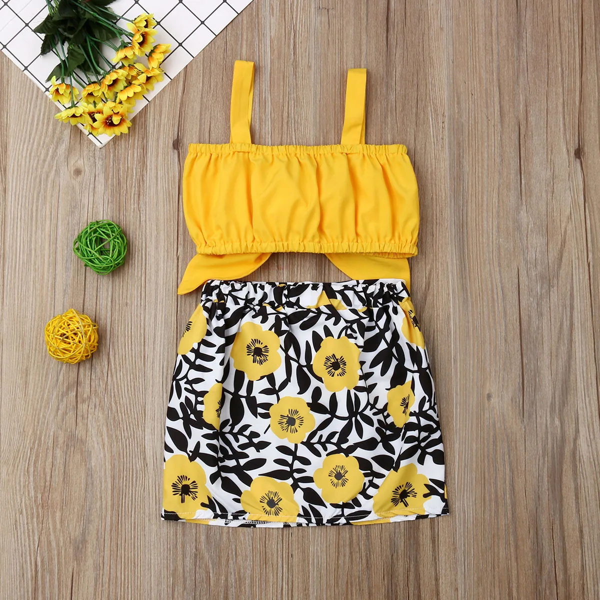 2021 Hot Sale Baby Clothes 2pcs Set Newborn Baby Girl Clothes Cute Big Bow Vest Tops Flower Skirt Yellow Summer Beach Streetwear