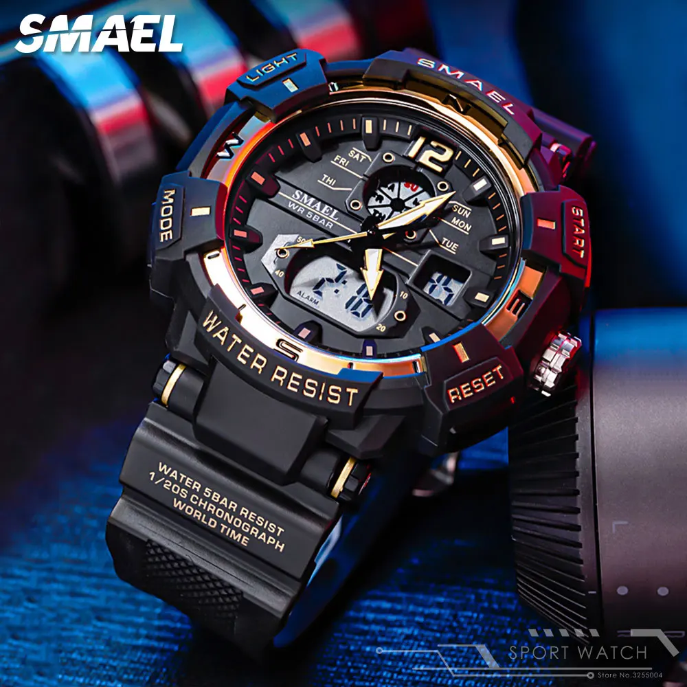 

SMAEL Dual Time Digital Quartz Watches for Men with Luminous Hands LED Backlight Alarm Clock 5 ATM Waterproof Stop Watch 8045