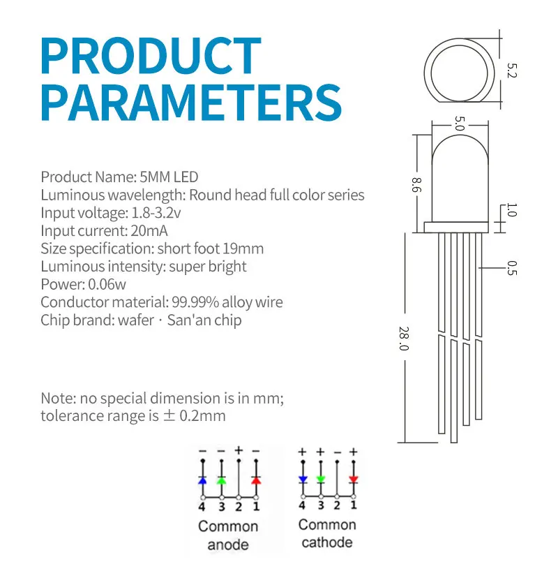 Multicolor RGB LED Emitting Diode Indicator, ânodo comum, DIY PCB Circuit Bulb, vermelho, verde, azul, Arduino, 4Pin, 5mm, 100Pcs