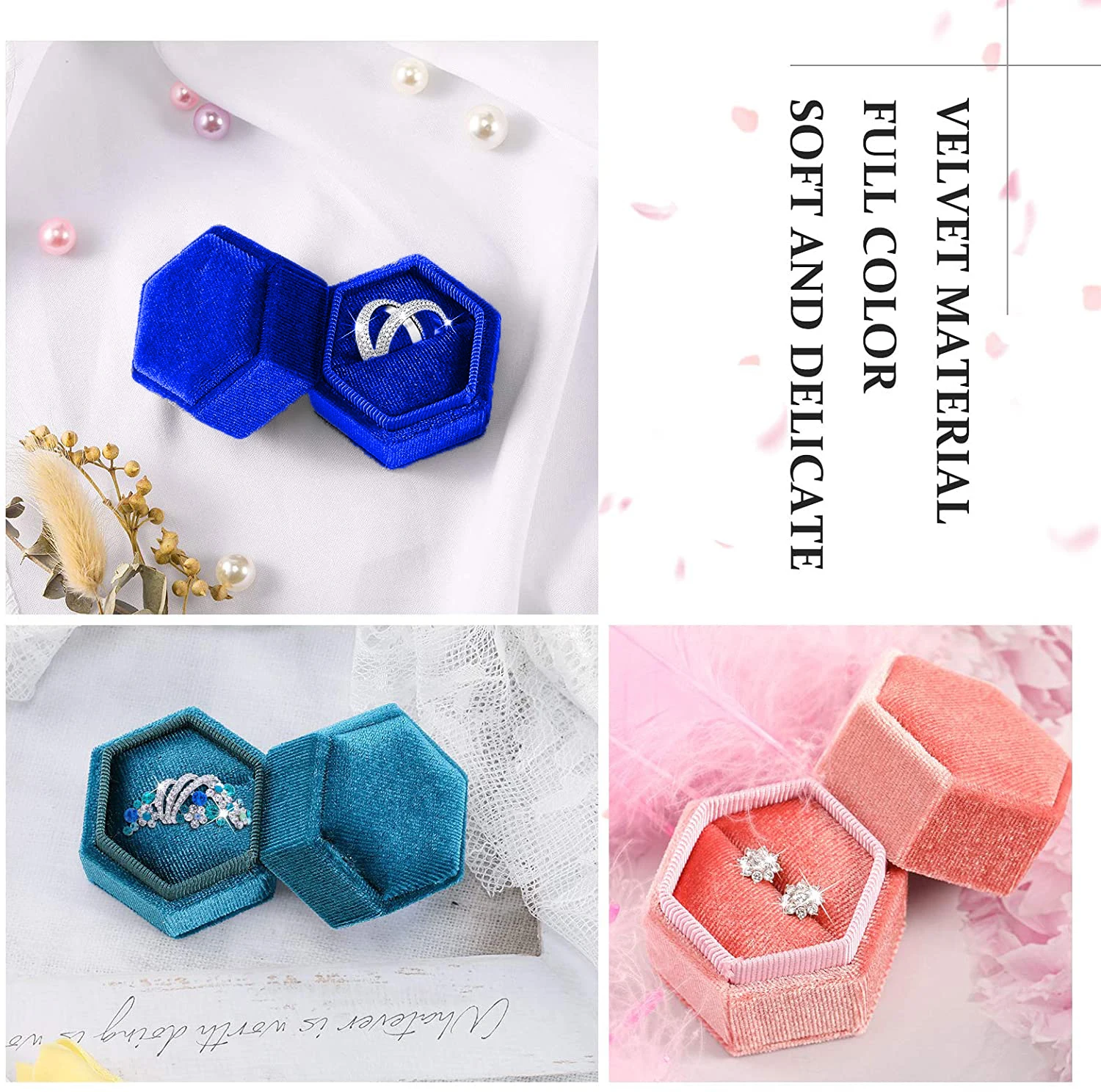 Hexagon Velvet Ring Box with Detachable Lid Earings Heirlooms Holder for Proposal Engagement Wedding Ceremony Proposals