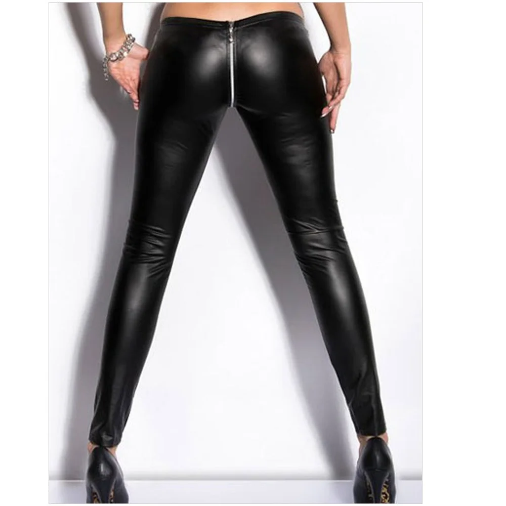 Sexy Zipper Open Crotch Pencil Pants Faux Leather Women Leggings Zipper Crotch Gothic Pencil Hot Pants Capris Club Dance wear