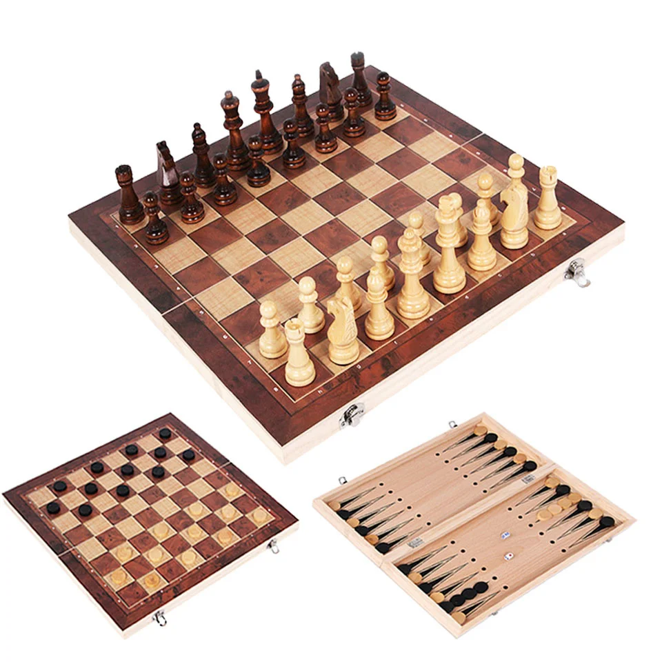 

Chess Game 3 In 1 Chess Set Wooden Backgammon Checkers Indoor Travel Chess Wooden Folding Chessboard Chess Pieces Chessman