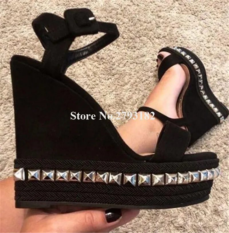 Brand Design Women Fashion Open Toe Rivet Wedge Sandals Silver Black Gold High Platform Wedges Formal Dress Heels Shoes