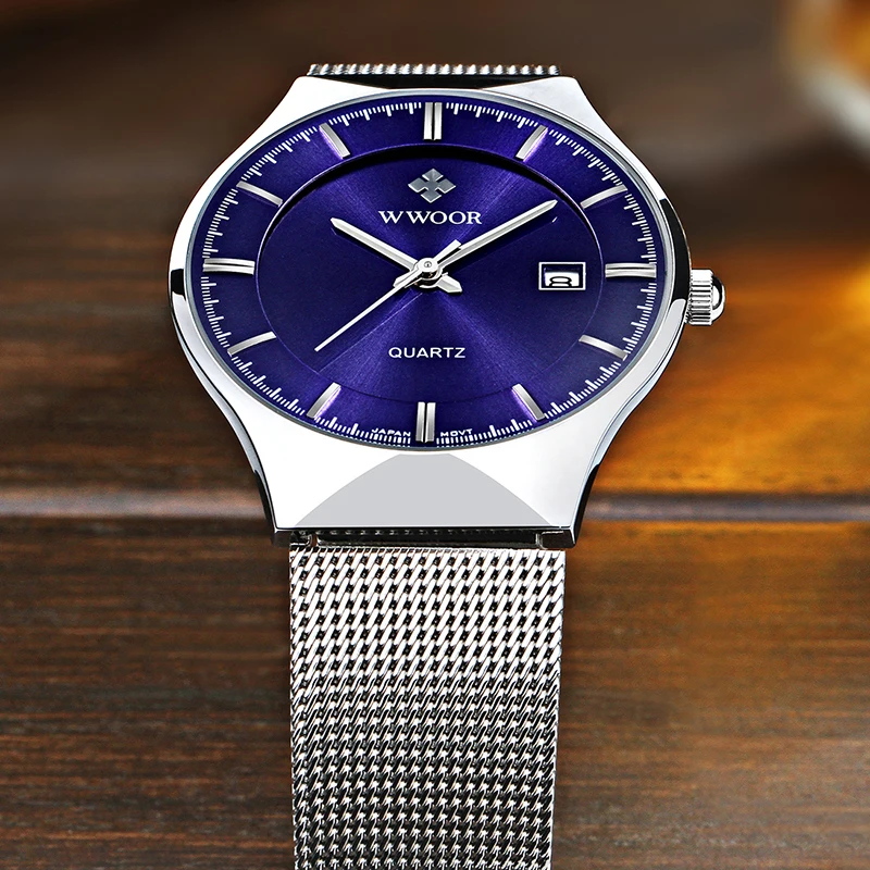 WWOOR-Montre de Luxe Ultra-Mince en Acier Inoxydable pour Homme, Décontractée, Bleue, Étanche, à Quartz, Date existent, à la Mode, 2024