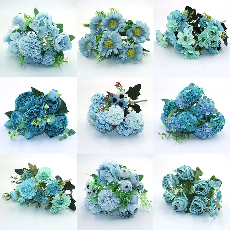 Blue variety autumn fake tea rose peony silk flower autumn gerbera daisy fake flower plastic DIY wedding home accessories