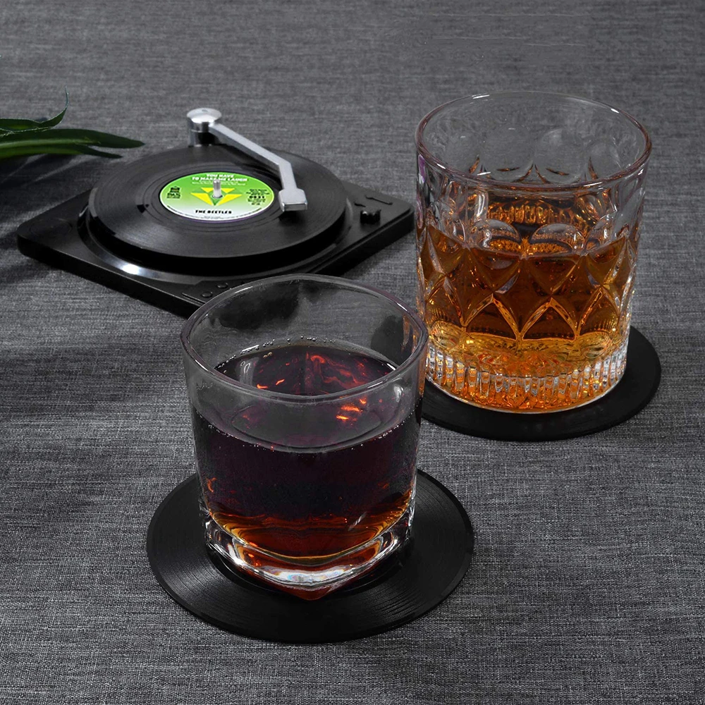 6 Pcs/Set Vinyl Original Coasters Holder Retro Record Disk Drink Mug Pad Mat Under Glass Hot Utensil Decorative Tray  Silicone