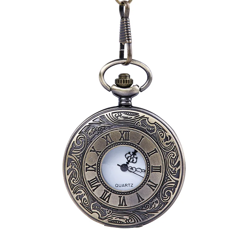 

8171Hot Bronze Large Engraving Lace Roman Scale White Face Classic Pocket Watch