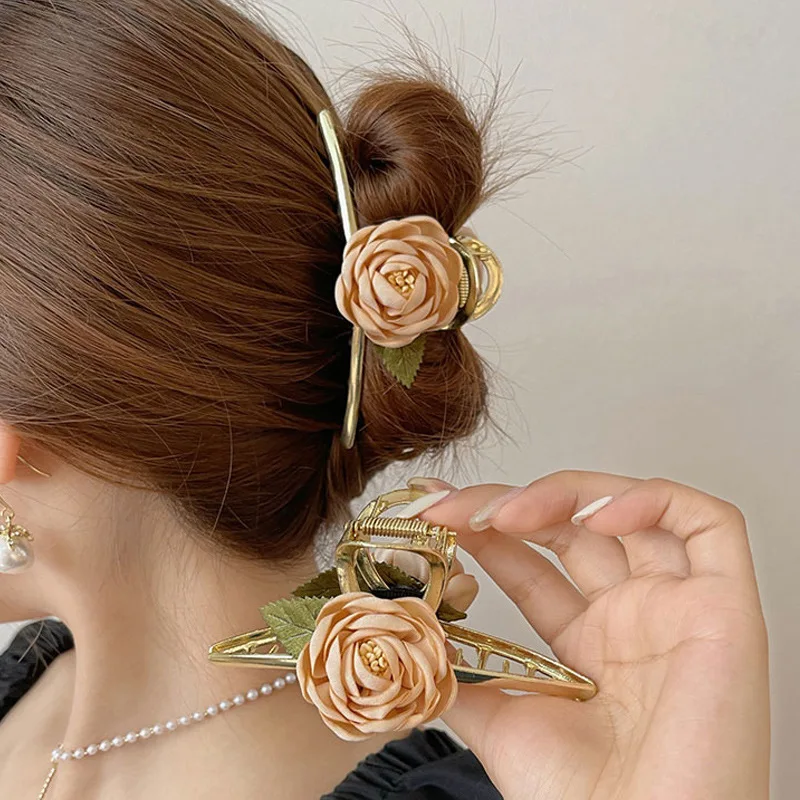 Flower Gripper Elegant Hairpins Shark Clip on The Back of The Head Large Champagne Hair Claw Hair Accessories for Women