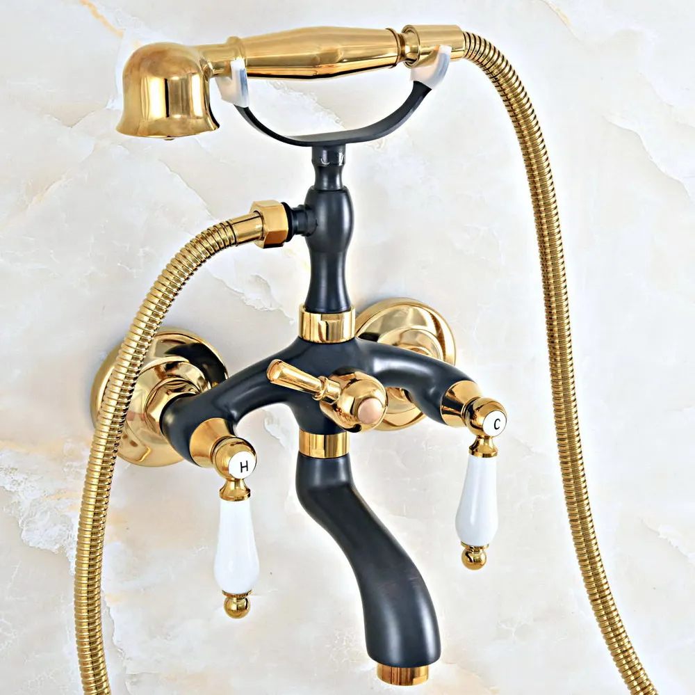 Black Gold Color Brass Bathroom Clawfoot Bath Tub Faucet Mixer Tap Ceramic Handle Hand Shower Head zna444