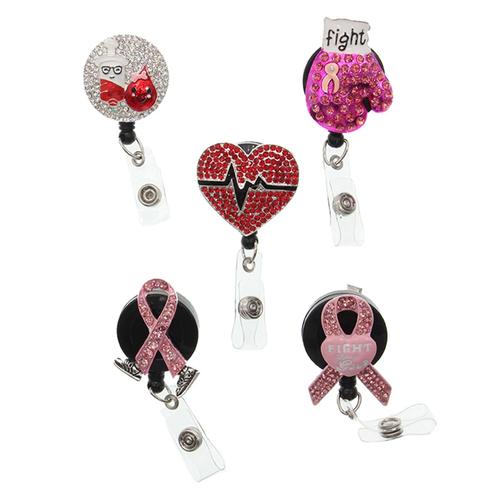 10pcs/lot Breast Cancer Awareness ID Badge Holder Nurse Doctor Pink Ribbon Badge Retractable Pulling Reel