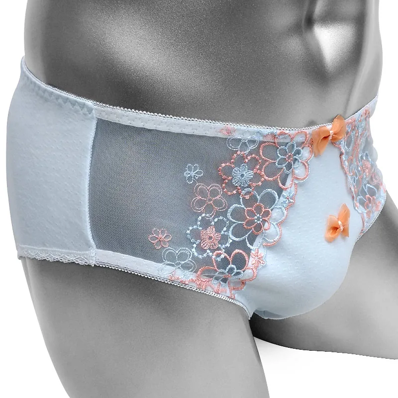 Cotton Sissy Briefs Panties With Floral Mesh Patchwork Bow Cute Lolita Men Underwear Fashion High Quality Underpant